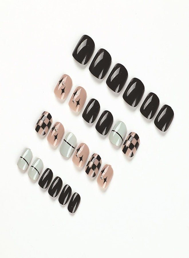 Vezocim Press on Nails Square Short 24Pcs Black Press on Nails Coffin with Plaids Stars Designs Glossy Full Cover Acrylic Short False Nails Glue Fingernails Artificial Fake Nails for Women Girls - Image 2